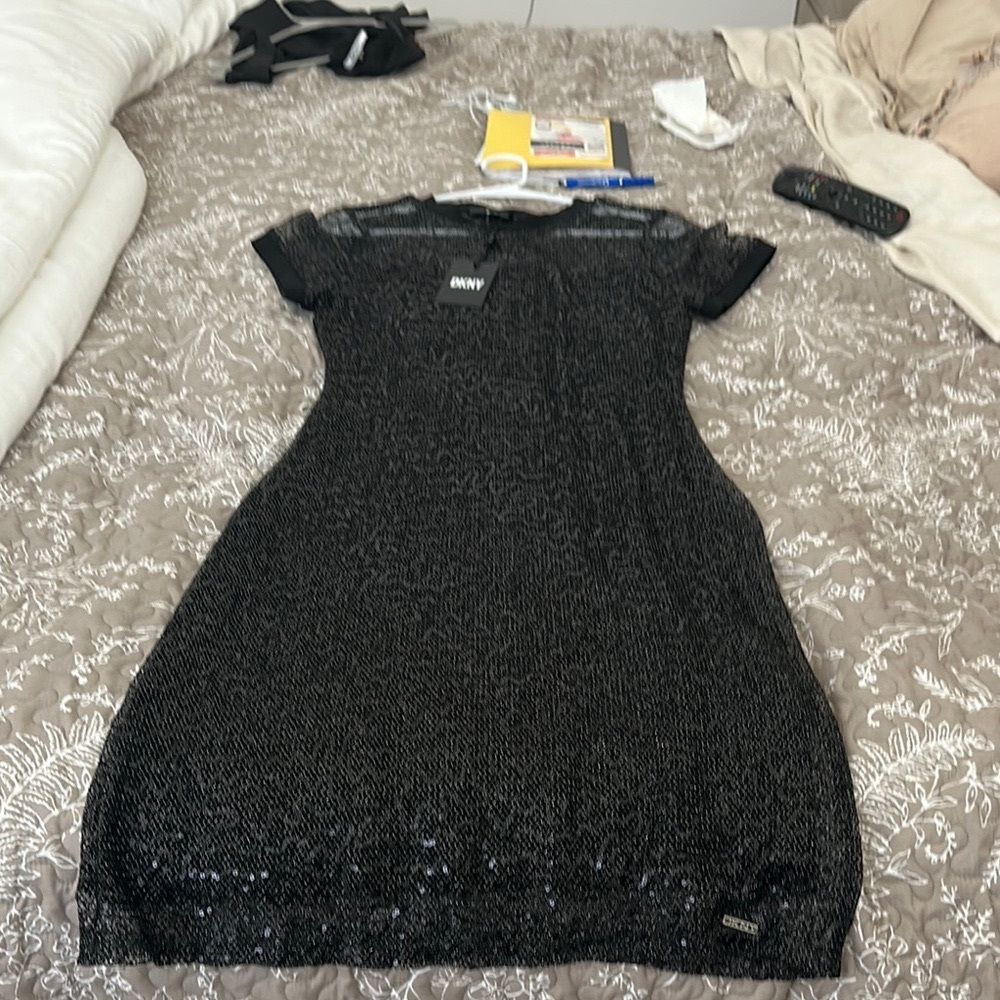 DKNY Black Sheath sequined Midi Dress Crew Neck Short Sleeve - Picture 3 of 5